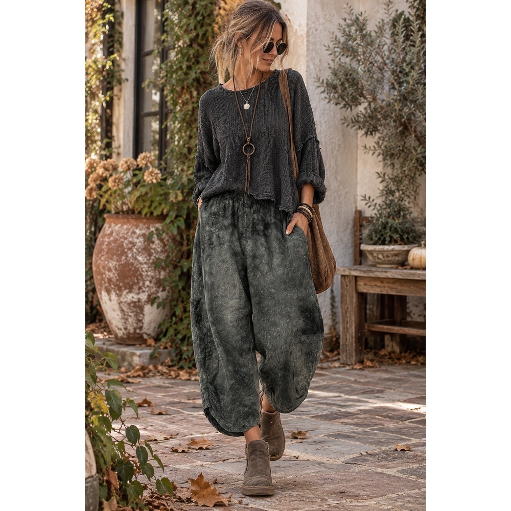 Cottonways Size 1 Lagenlook Mineral Wash Balloon Pants Boho Artsy Crop Pull On